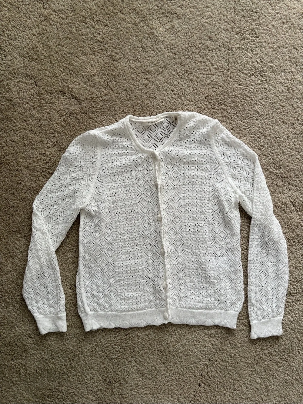 Doen Diane Pointelle Lace Crochet Button Knit Cardigan Sweater Top Ivory Sz xs